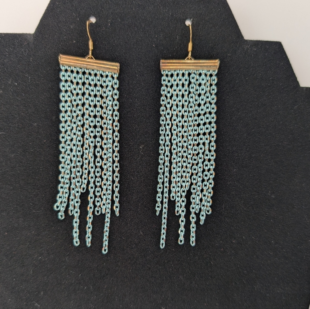 Earrings Gold bar with Teal Colored Chain Fringe